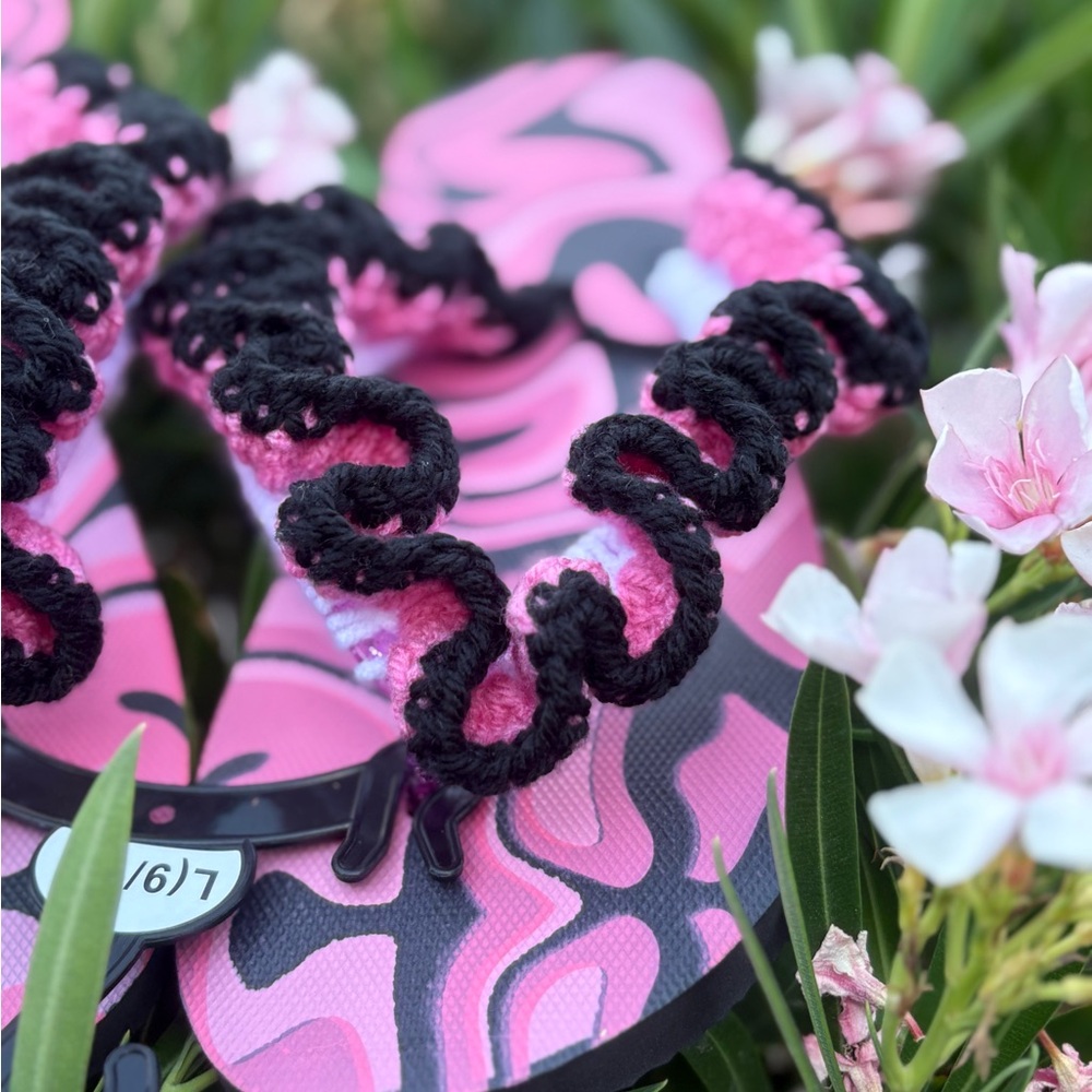Vibrant Pink and Black Crochet Wavy Brim Hat | Flip Flops with Ruffles - Picture 7 of 12